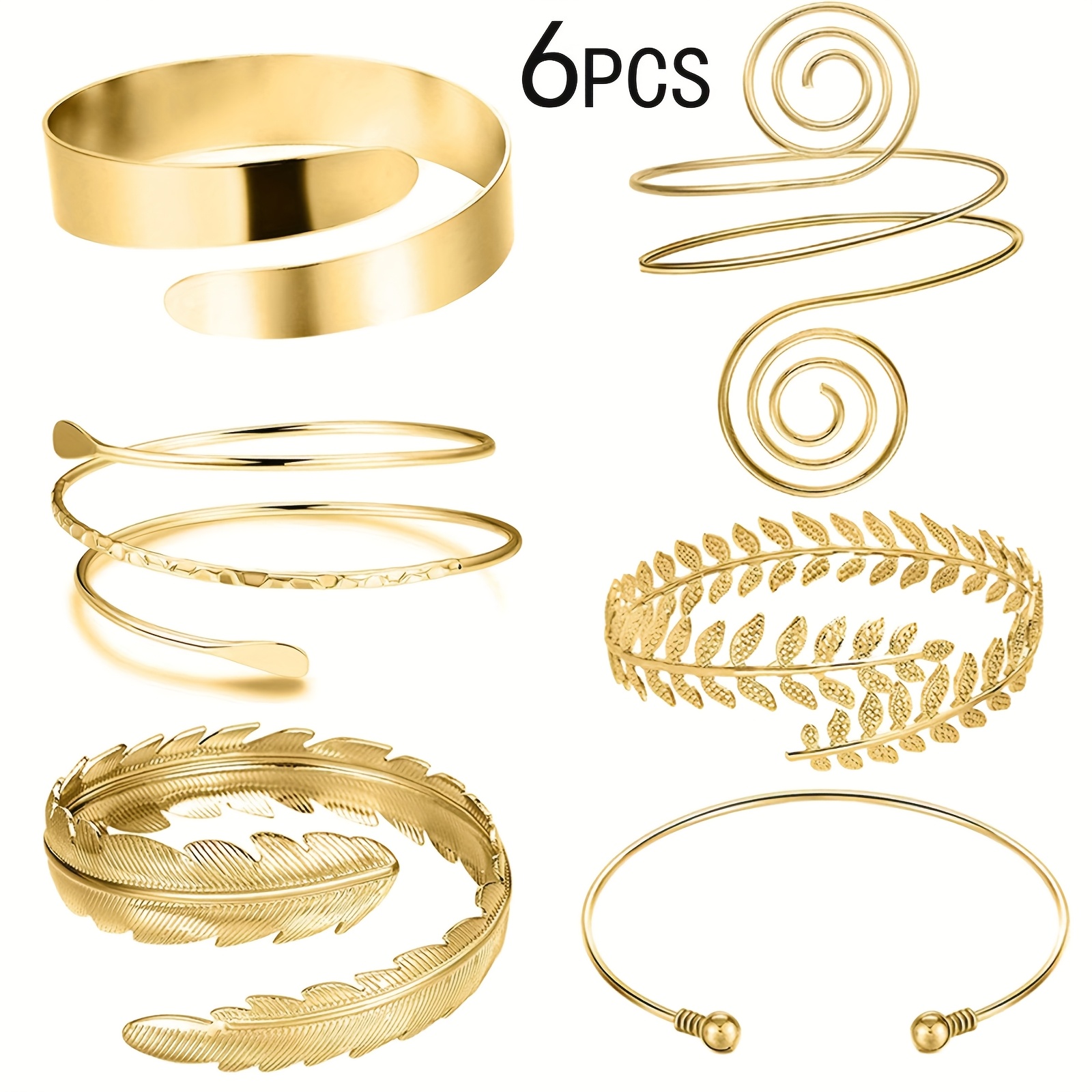 6pcs Golden Sleeve Cuffs and Adjustable Coil Arm Jewelry Set